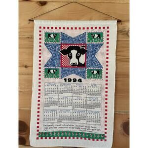 Vintage 1994 Kay Dee Linen Tea Towel/Wall hanger. Calendar. Cows. Farm. Country